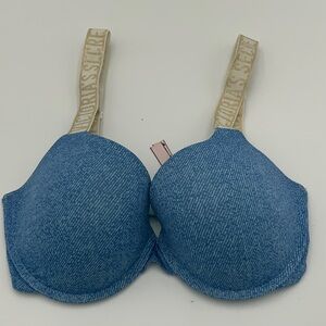 Victoria's Secret Blue Textured Molded Bra with Branded Beige Straps